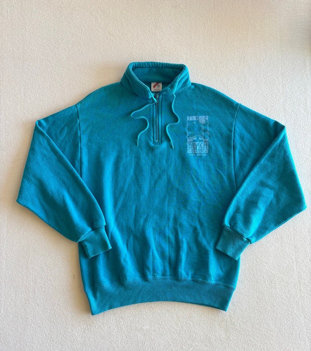 Vintage 80s Jerzees Quarter Zip Sweatshirt Women’s Medium Blue San Diego Cali